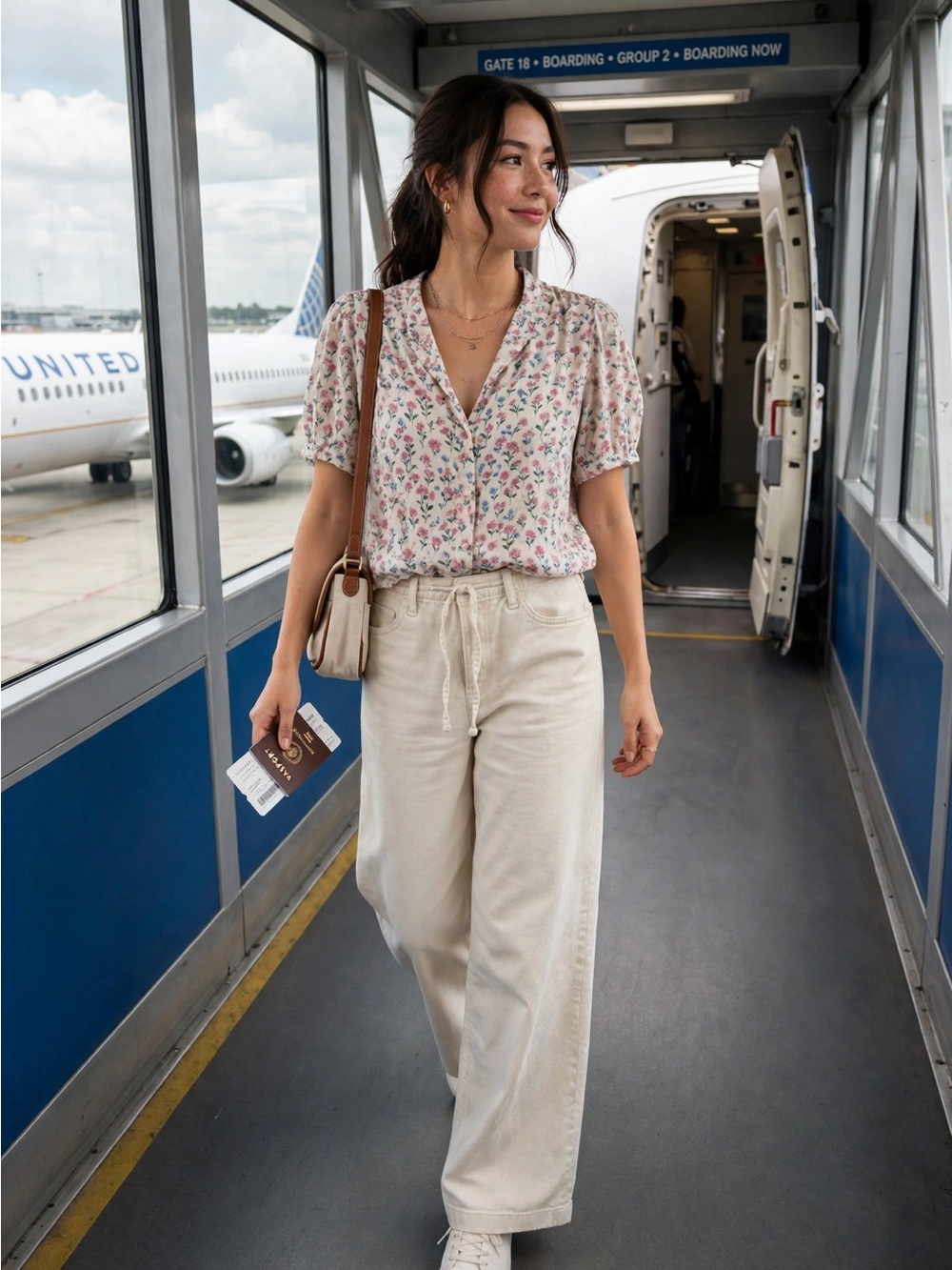 American Eagle Outfitters Cream Wide-Leg Drawstring Jeans